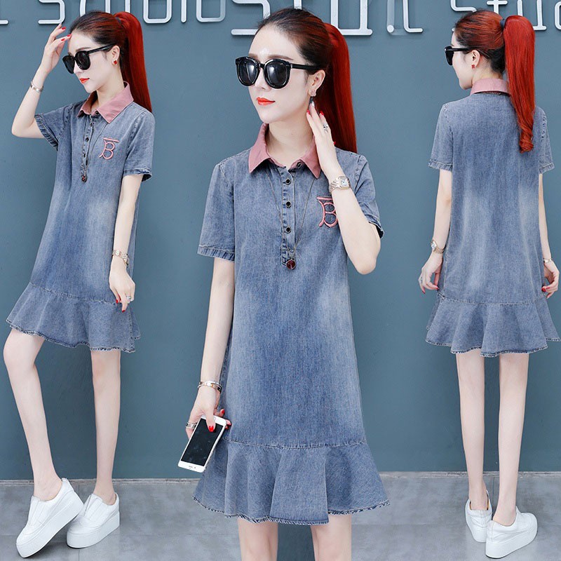 ĐẦM JEAN ĐUÔI CÁ PHỐI CỔ SƠ MI HỒNG - NJ2888